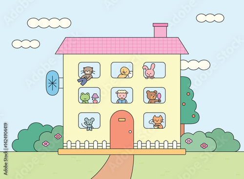 Cute cartoon animal characters looking out from a cozy house with a pink roof. Perfect for children’s stories, posters, nursery decor, or kids’ content.