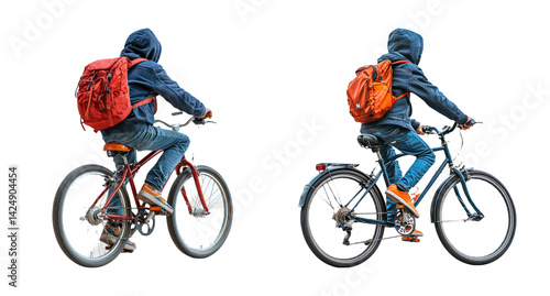 Boy Riding Bicycle with Backpack on Transparent Background