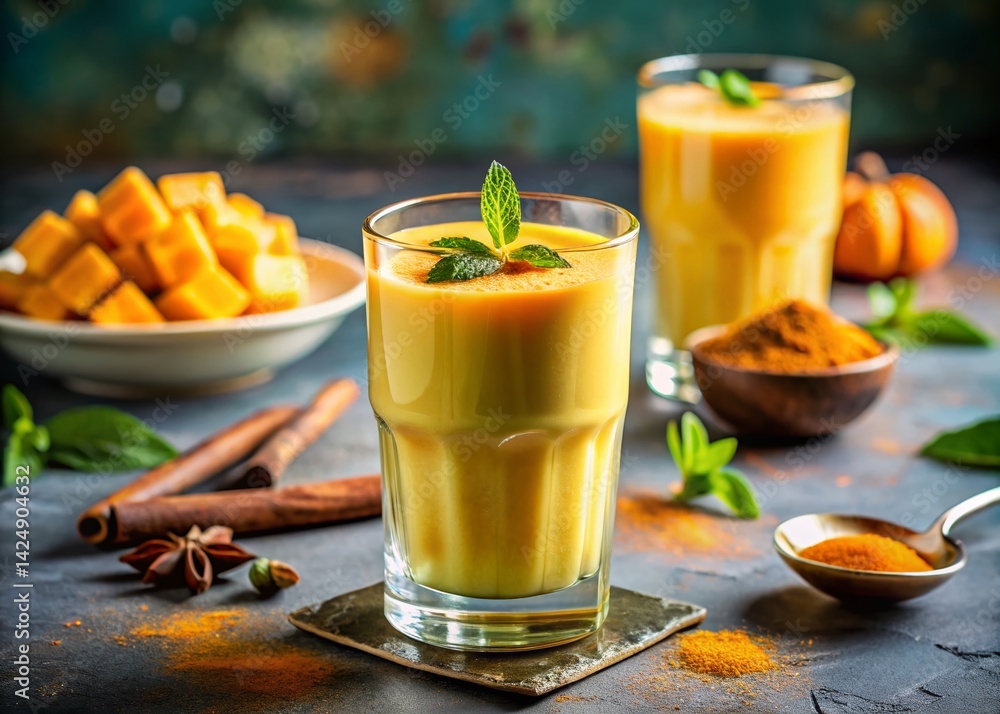 Fototapeta premium Panoramic Photo: Refreshing Mango Lassi with Turmeric – Healthy Probiotic Drink