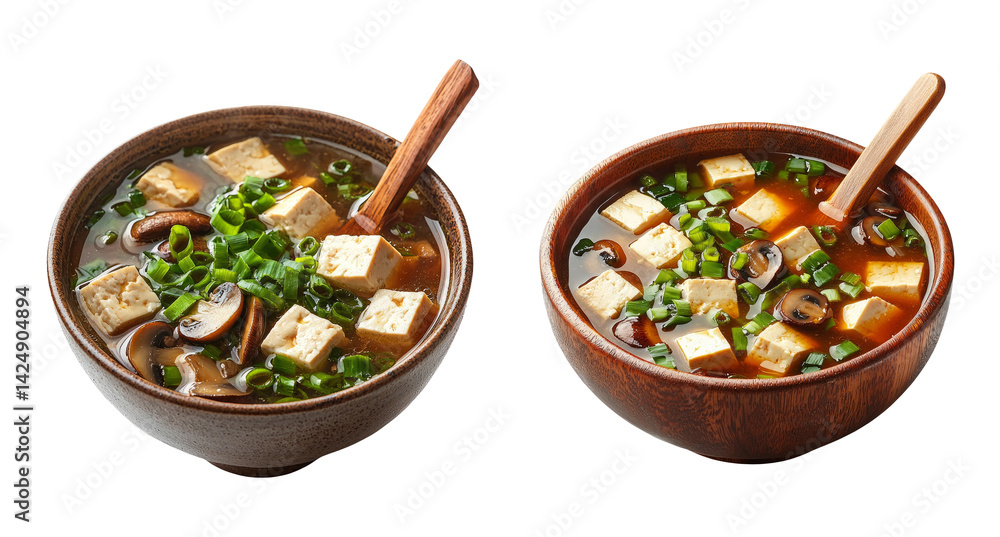 Two Bowls of Delicious Soup with Tofu and Green Onions on Transparent Background