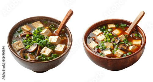 Obraz na płótnie Two Bowls of Delicious Soup with Tofu and Green Onions on Transparent Background w salonie