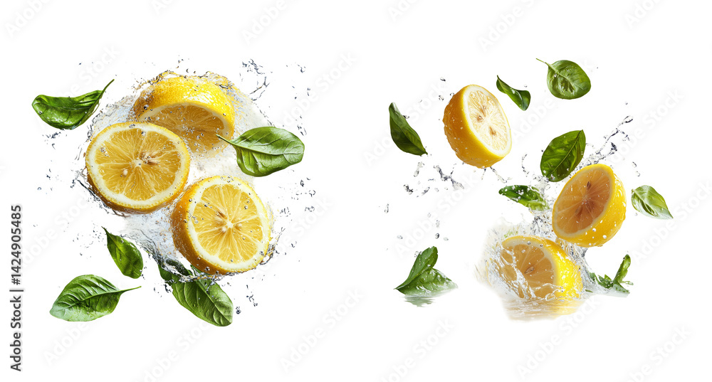 Fresh Lemon Splash with Green Leaves on Transparent Background