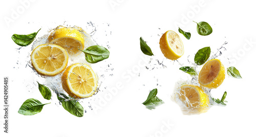 Obraz na płótnie Fresh Lemon Splash with Green Leaves on Transparent Background w salonie