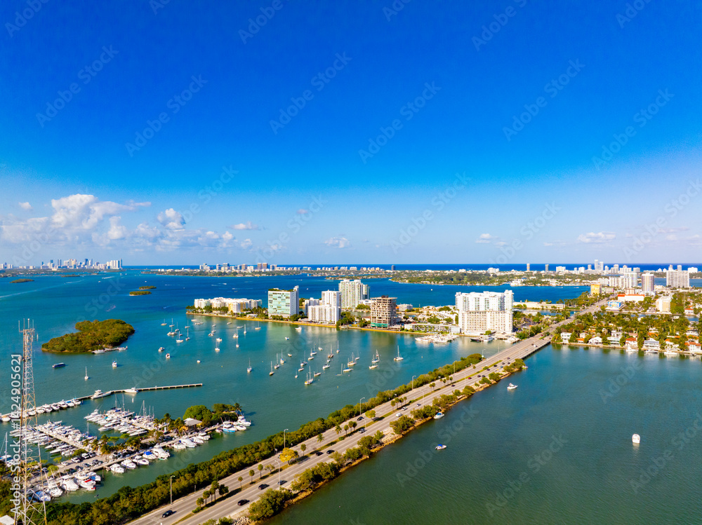 Aerial photo of Miami North Bay Village. Image shows 79th Street bridge and both residential homes and condominiums on several islands