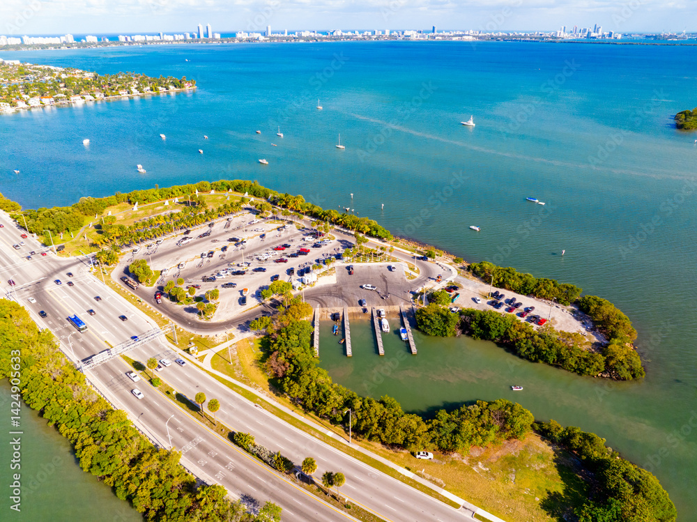 Aerial photo of Miami showcasing marinas with boat launch on biscayne bay. Image Takens in 2025