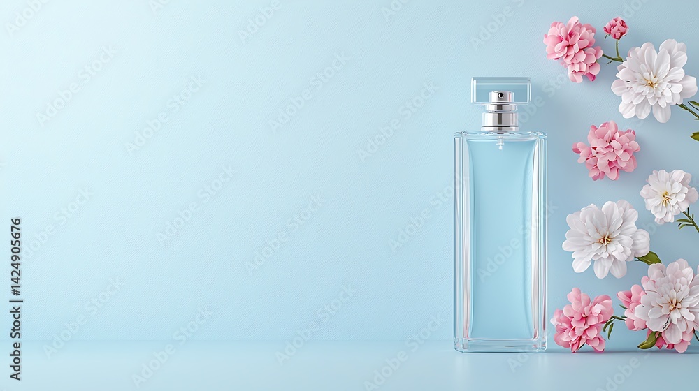 Elegant Perfume Bottle Mockup with Pink and White Flowers on Light Blue Background Elegant Perfume Bottle Mockup with Pink and White Flowers on Light Blue Background