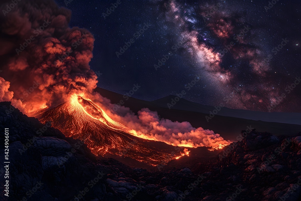 Fototapeta premium A volcano erupting at night with lava flowing down its side under a starry night sky with milky way