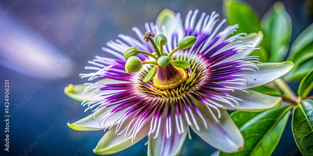 Obraz premium Passionfruit Blossom: Architectural Detail, Vibrant Purple Flower Close-up