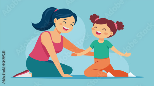 A mother and daughter take the class together laughing as they struggle to coordinate their movements but encouraging each other every step of the. Vector illustration