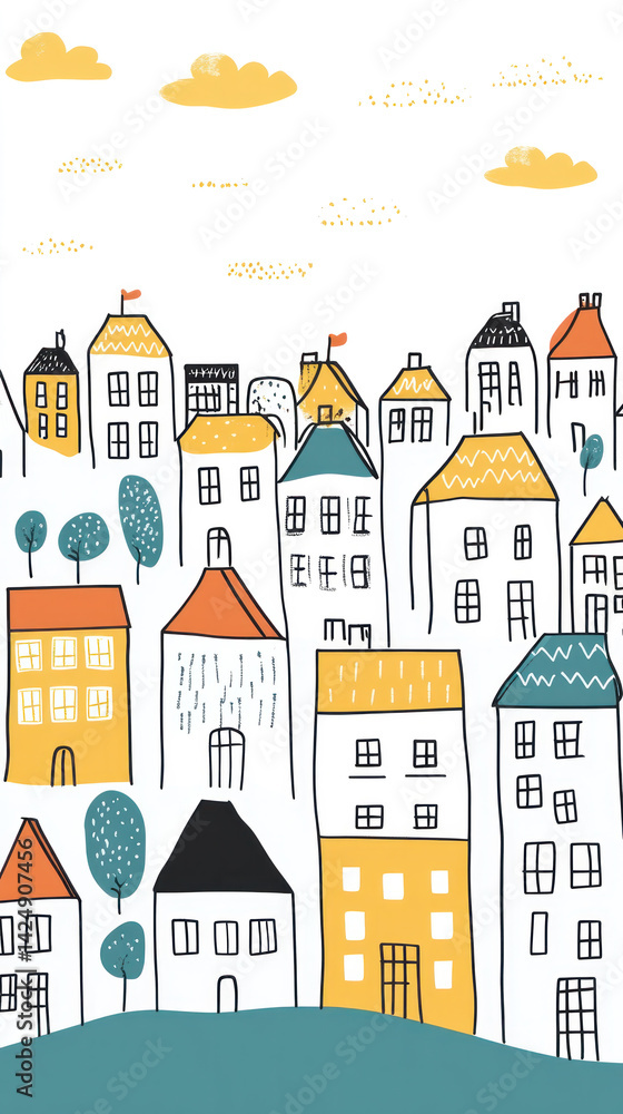 A drawing of a city with houses and trees. The houses are in different colors and sizes, and there are trees in the background. Scene is cheerful and lively, with the houses A drawing of a city with houses and trees. The houses are in different colors and sizes, and there are trees in the background. Scene is cheerful and lively, with the houses