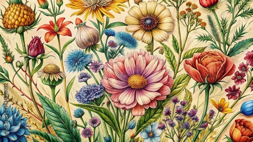 Provence Wildflowers: Detailed Macro Photography of Hand-Drawn Engraved Style Botanical Illustration