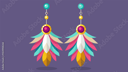 A classic pair of pearl earrings is reimagined as funky and fun dangle earrings with the addition of brightly colored feathers.. Vector illustration
