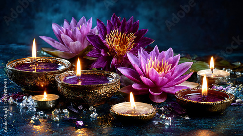 Diwali, Indian holiday, the festival of fire. Lotus flowers and diyas oil lamps