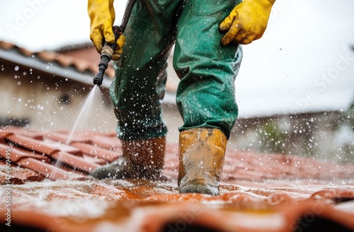 Worker cleaning roof with high-pressure water.