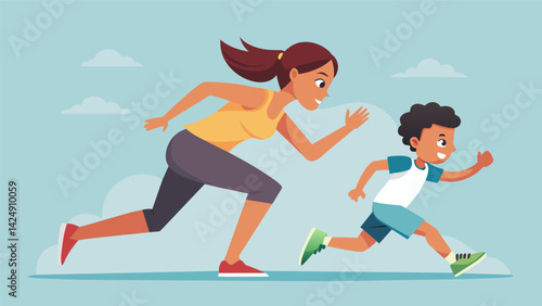 A mother and son working together to complete a game of Sprint to the Finish where they have to race to the finish line while completing different. Vector illustration
