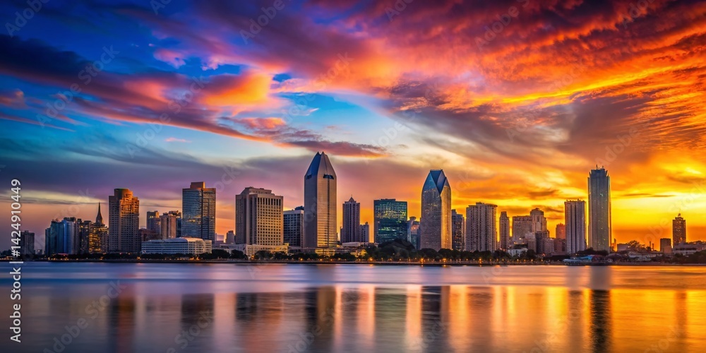 San Diego Downtown Skyline Silhouette at Sunset - Dramatic Cityscape