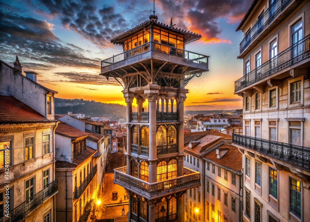 Obraz premium Santa Justa Lift Lisbon Portugal - Elegant Architectural Detail Stock Photo