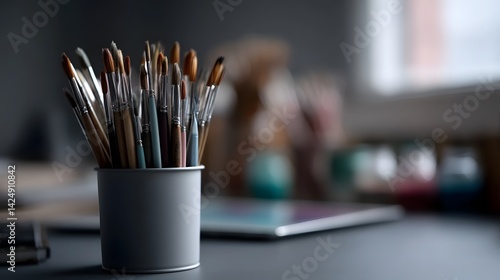 Coding tablet and paintbrushes on a dorm desk, merging visual and programming skills.