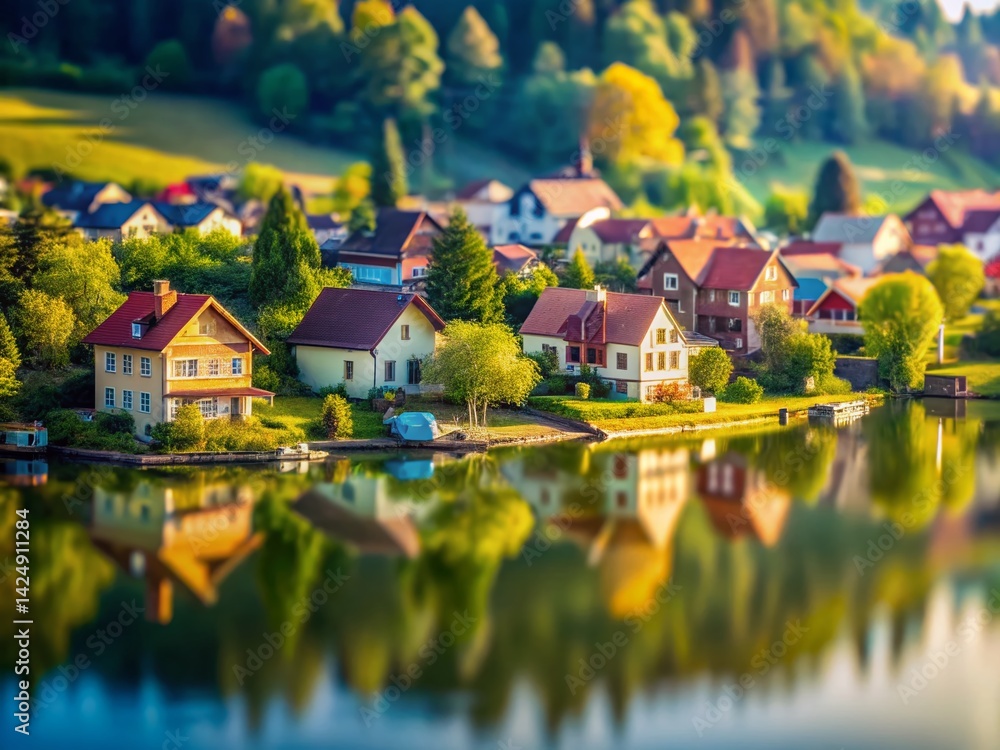 Naklejka premium Serene Lakeside Village: Miniature Tilt-Shift Photography