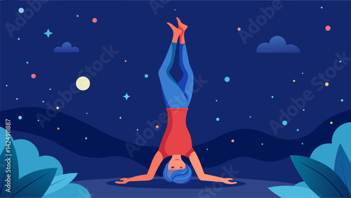 A digital painting of a person in a supported shoulder stand their feet pointed to the ceiling as they relax into the posture surrounded by a dreamy.