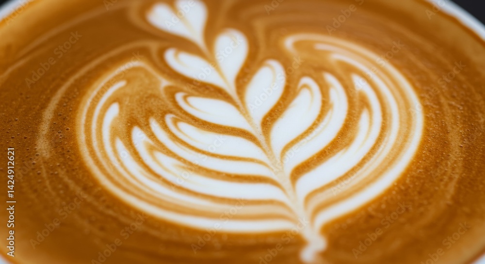 Intricate Latte Art: Close-up of a Delicate Foamed Leaf Design Intricate Latte Art: Close-up of a Delicate Foamed Leaf Design