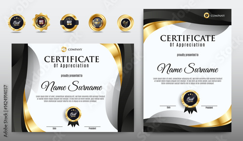 Black and gold certificate of appreciation border template with luxury badge and modern line and shapes. For award, business, and education needs. Diploma vector template