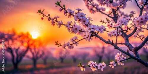 Silhouette of Plum Tree in Blossom, Spring Sunset