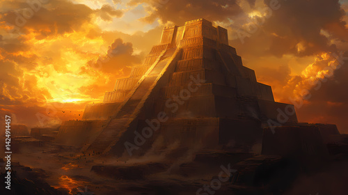 Majestic ziggurat at sunset, a timeless journey into ancient mesopotamia. Timeless Ziggurat. Illustration