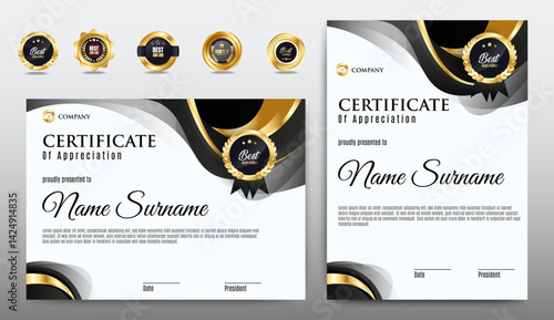 Black and gold certificate of appreciation border template with luxury badge and modern line and shapes. For award, business, and education needs. Diploma vector template