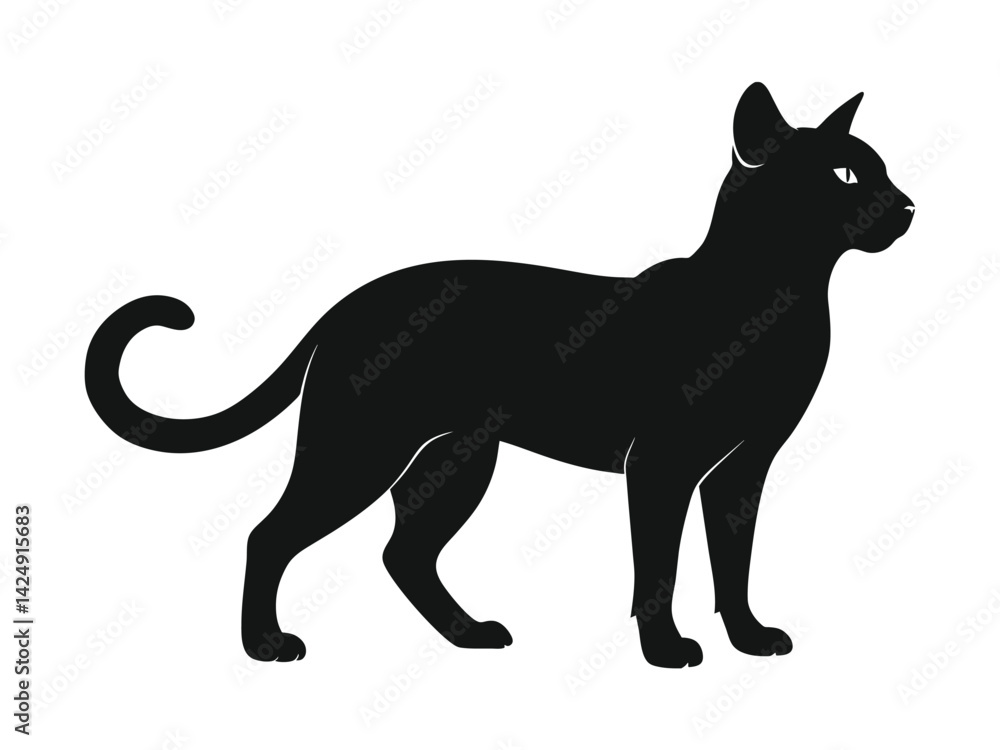 Fototapeta premium Black feline silhouette vector illustration of a black cat isolated on white, a domestic pet animal