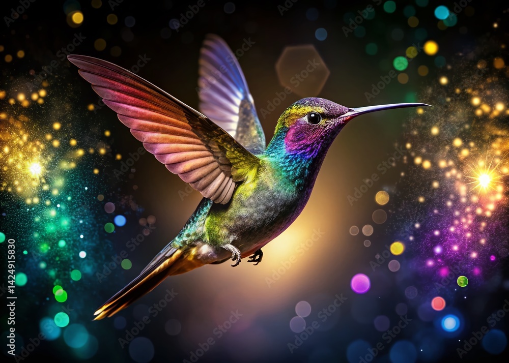 Obraz premium Sparkling Hummingbird in Flight at Night, Magical Wings, Dark Background