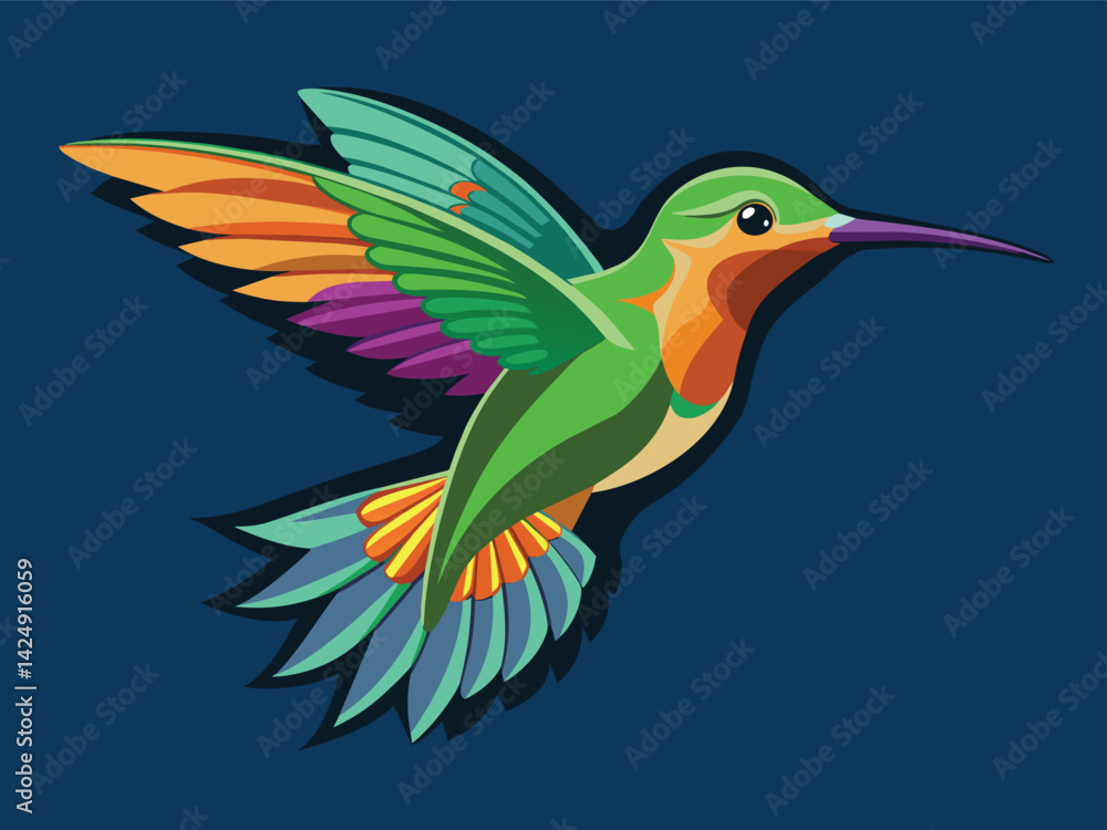Obraz premium A vibrant vector illustration depicts a colorful bird of paradise in flight, showcasing its striking silhouette and delicate feathers, a wild and tropical design inspired by nature
