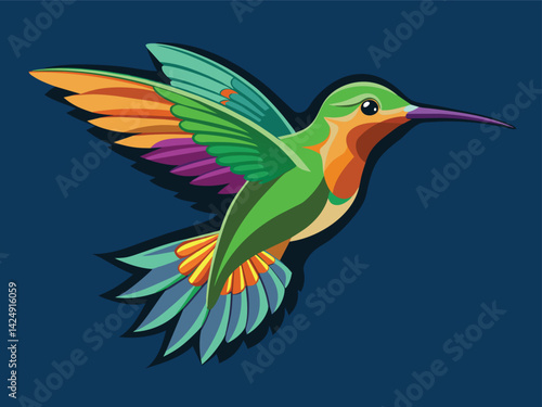 A vibrant vector illustration depicts a colorful bird of paradise in flight, showcasing its striking silhouette and delicate feathers, a wild and tropical design inspired by nature