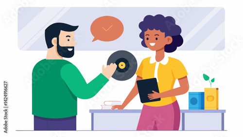 A customer thanking the music bar staff for introducing them to the record cleaning service and bringing new life to their old records. Vector illustration