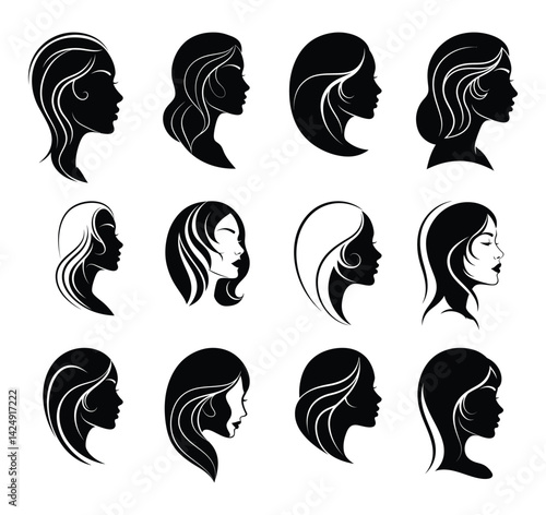 A vector set of women's face illustrations showcases diverse beauty, hairstyles, and profiles in a stylish design