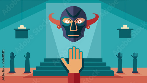 A mask in the shape of a hand is shown in a museum exhibit symbolizing the manipulative tactics used by those in positions of power..