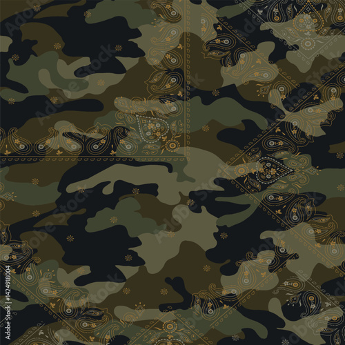 Camouflage Paisley Seamless Pattern for Textile Print for Fabric with vintage looks, neutral camo 