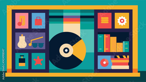 A record store window display showcasing an elaborate record puzzle featuring iconic album covers from various musical genres. Vector illustration