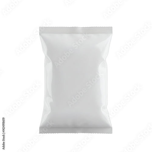 Unlabeled snack bag mockup, front view, sealed, centered on transparent background