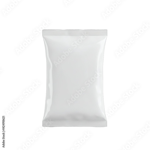 Unlabeled snack bag mockup, front view, sealed, centered on transparent background