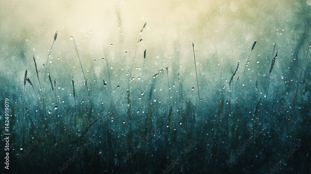 Rain-soaked grasslands nature photography serene environment close-up perspective tranquil concept