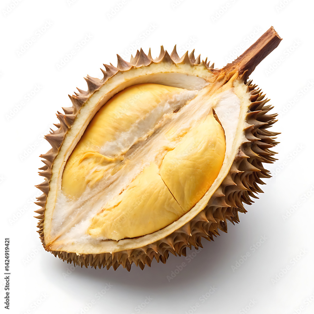 Obraz premium Exotic Durian Fruit A Close-Up View of the King of Fruits, Unveiling its Creamy, Golden Flesh
