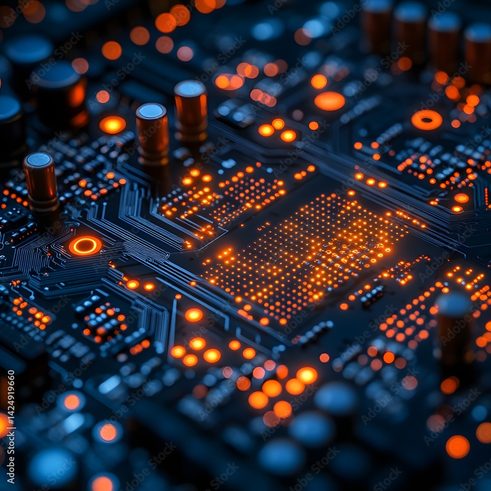 Close-up of a circuit board with glowing orange components, showcasing intricate technological detail. Futuristic Technology Backgrounds Illuminated Circuit Board Close-up of a circuit board with glowing orange components, showcasing intricate technological detail. Futuristic Technology Backgrounds Illuminated Circuit Board