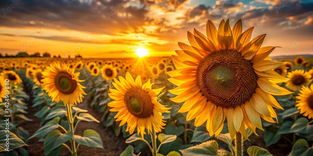 Obraz premium Sunset Sunflowers Aerial Photography: Golden Hour Blooms Close Up