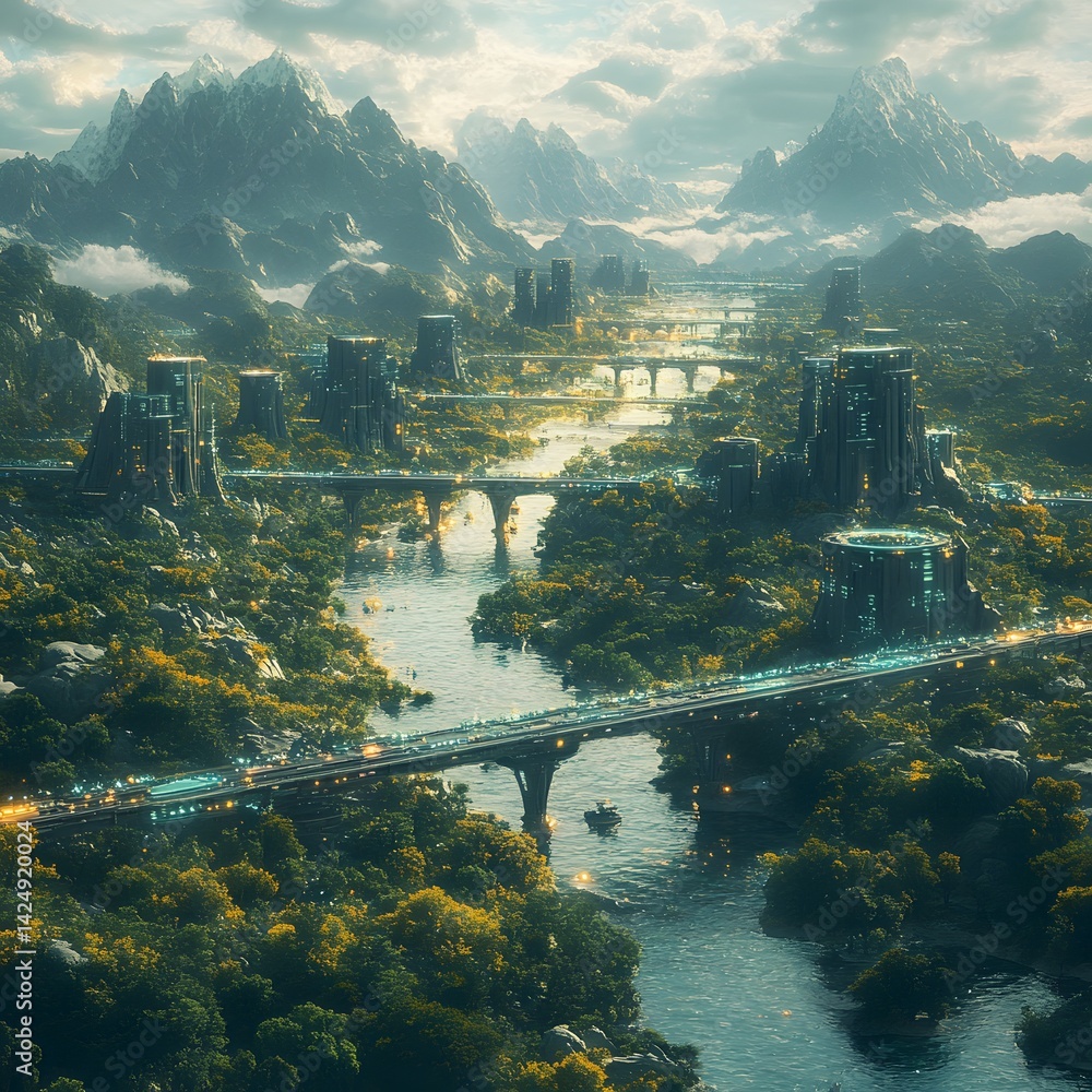 Fototapeta premium A digital painting of a futuristic city nestled in a mountain valley, showcasing advanced architecture and bridges across a winding river. Futuristic Technology Backgrounds