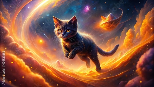Surreal Black Orange Kitten in Dreamlike Landscape - Mystical Pet Photography