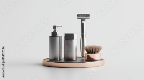 Stylish grooming essentials on a rose gold tray.  Modern, minimalist design featuring shaving products.