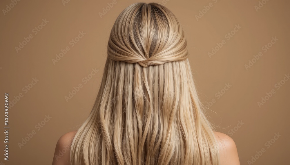 Fototapeta premium shot from back. A blond woman with long, straight hair showcases her glamour in a profile closeup, a beauty and fashion model