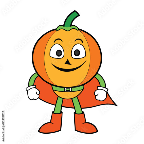 A vibrant, groovy pumpkin superhero with a bold, colorful costume and a glowing jack-o'-lantern face. It’s all about saving the day with fun, funky powers and a dash of charm!