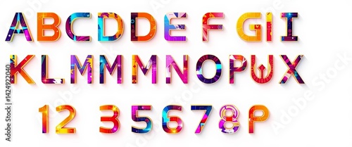 Abstract futuristic alphabet glyphs, upper/lowercase, numbers, symbols; ample negative space, symbols, background